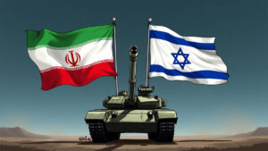 a tank with a tank gun and two flags