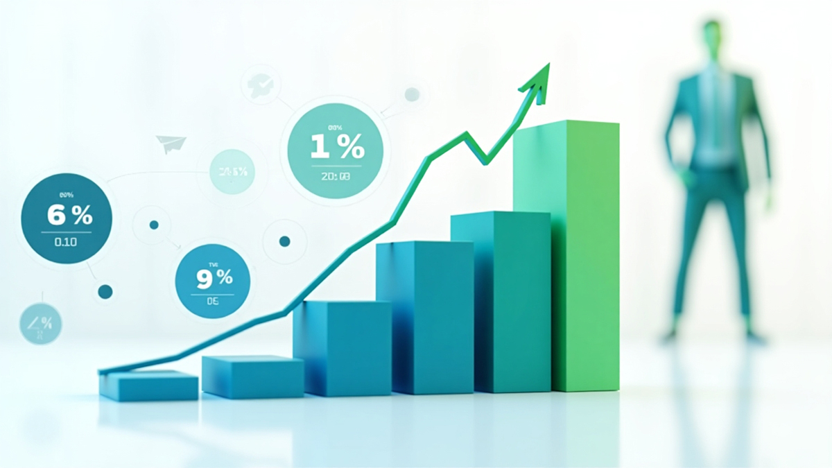 a green and blue bar graph with a arrow pointing up