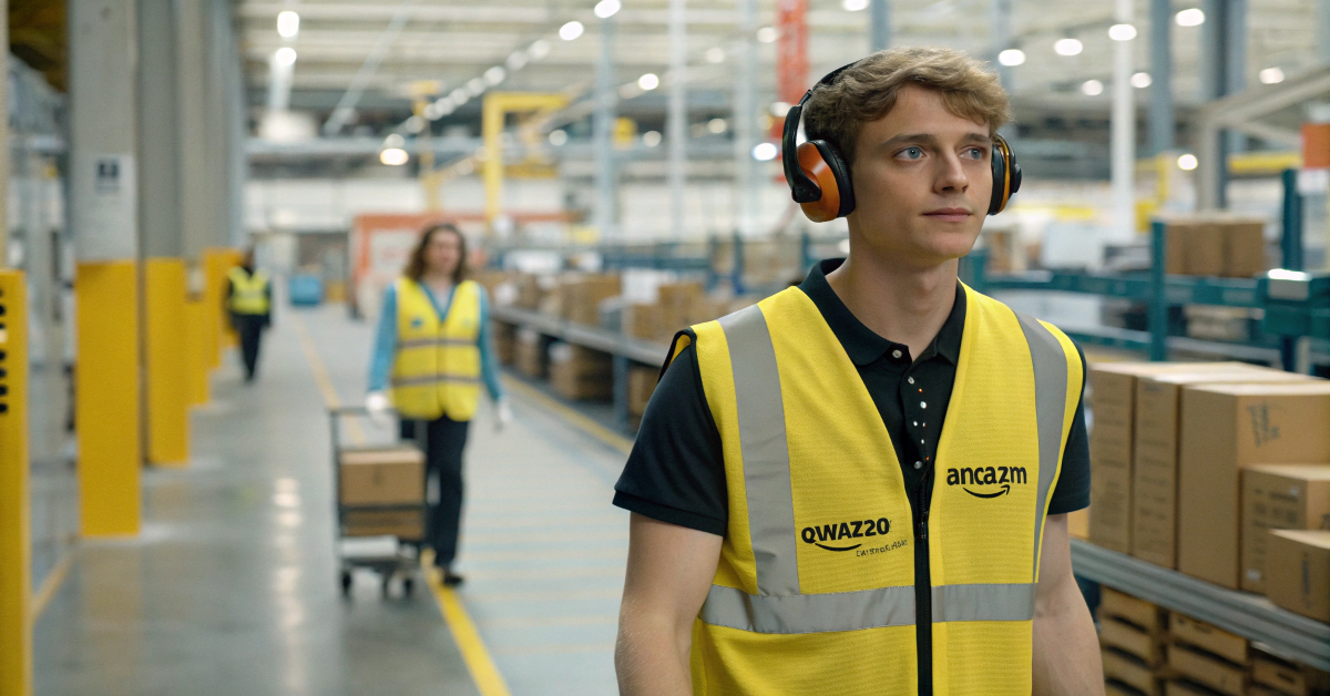 Real Amazon employee in U.S. warehouse surrounded by robotics and packages, 2025 hiring scene